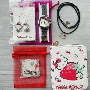 New 5 PC LOT * HELLO KITTY * Wallet & Watch 2 Earrings 1 Necklace Fan Gift Set
